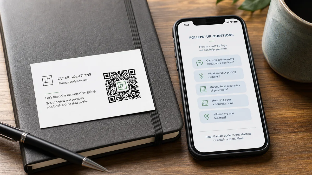 A realistic business card with a QR code beside a phone showing follow-up questions