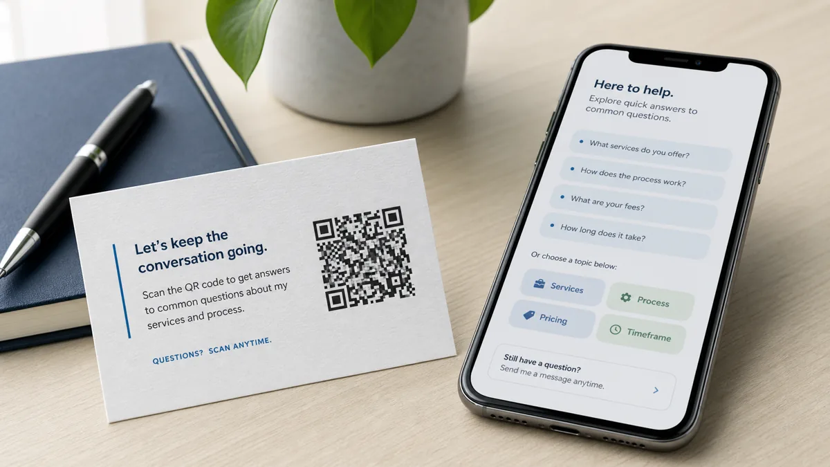 Business card with a QR code beside a phone showing follow-up questions