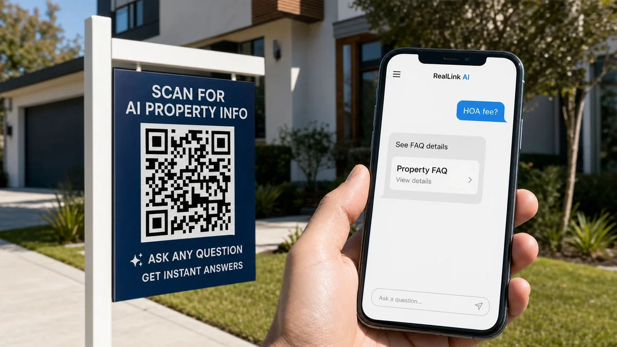 a real estate yard sign with a QR code and a phone showing a property FAQ question