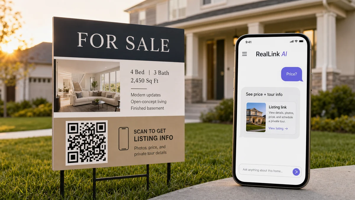 Real estate yard sign with a QR code beside a phone showing property questions