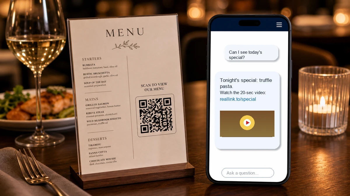 a restaurant menu QR code opening an AI answer page with plain text, a URL link, and a YouTube embed inside the answer bubble