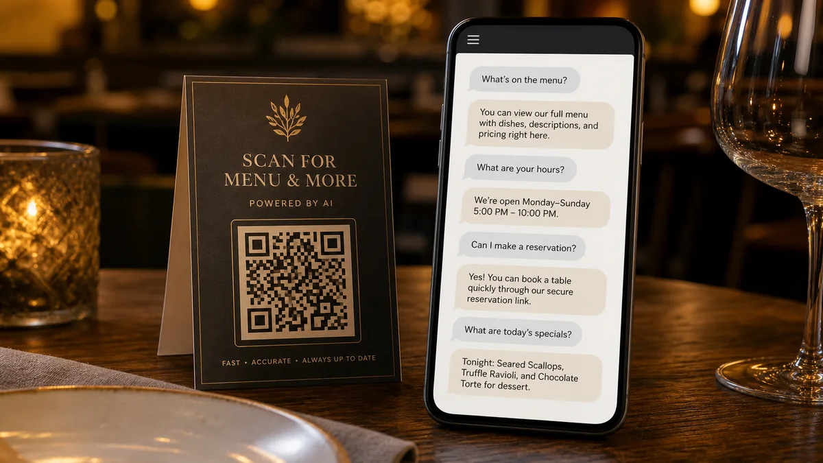 a restaurant menu QR code beside a phone showing menu, hours, reservation, and specials questions