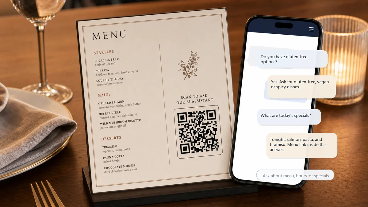 Restaurant menu QR code beside a phone showing menu, hours, reservation, and specials questions