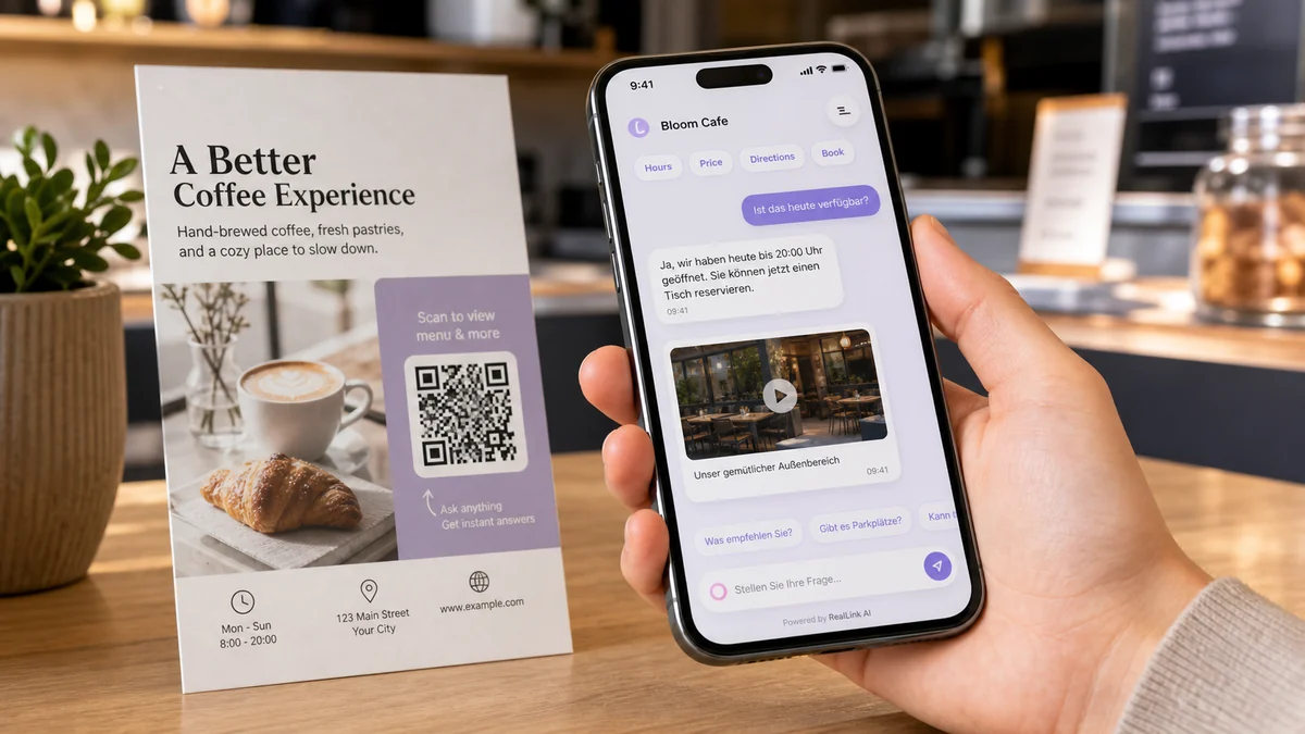 a realistic flyer or brochure with a QR code that opens a multilingual AI answer page on a phone