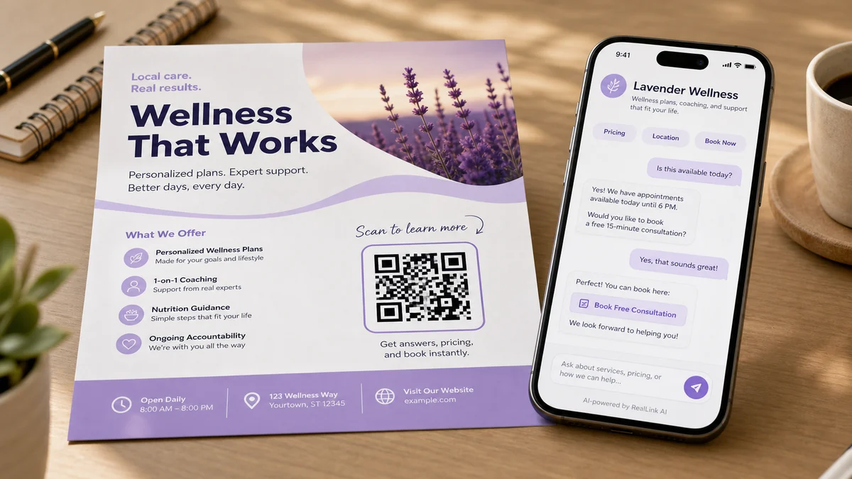 a realistic flyer or brochure with a QR code that opens a speech-bubble AI answer page on a phone