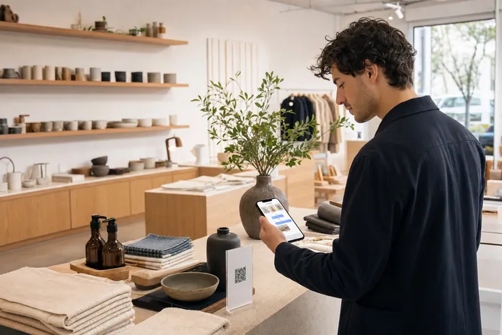 Un cumpărător care folosește un catalog web AI alături de produse într-un showroom independent modern