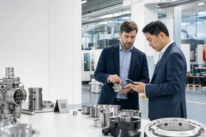 Un cumpărător și inginer internațional de producție care revizuiește produse de precizie cu un catalog QR