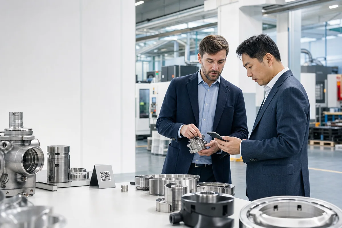An international manufacturing buyer and engineer reviewing precision products with a QR catalog