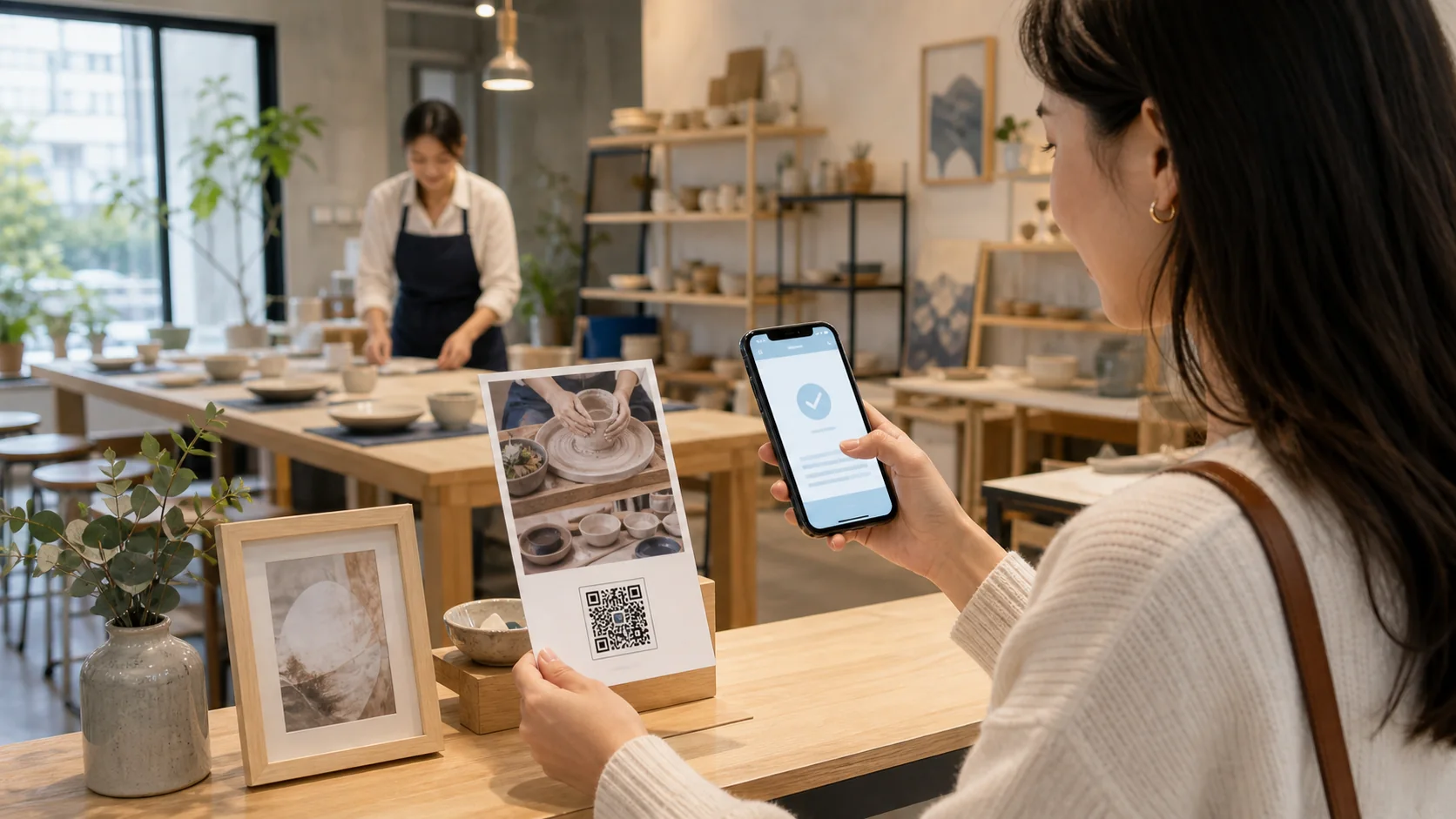 visitor scanning a QR flyer in a workshop and seeing a booking screen on a phone