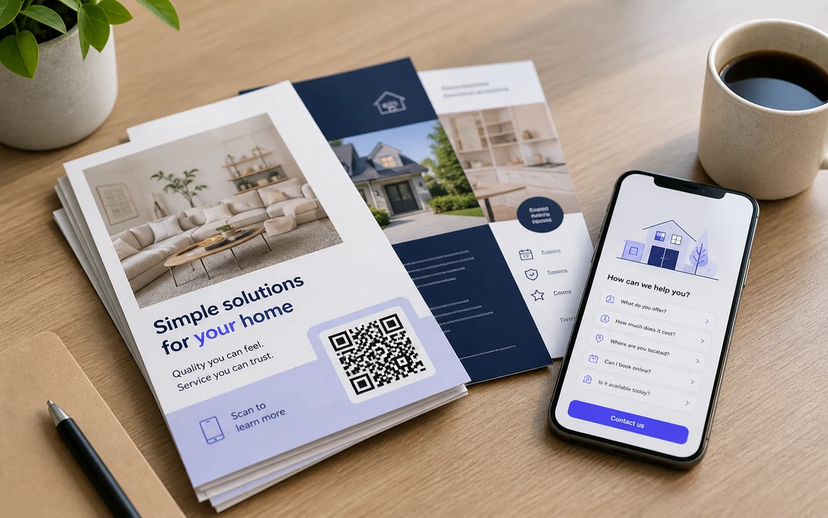 ใบปลิวที่มีรหัส QR ข้างโทรศัพท์ที่แสดงหน้าคำตอบ AI