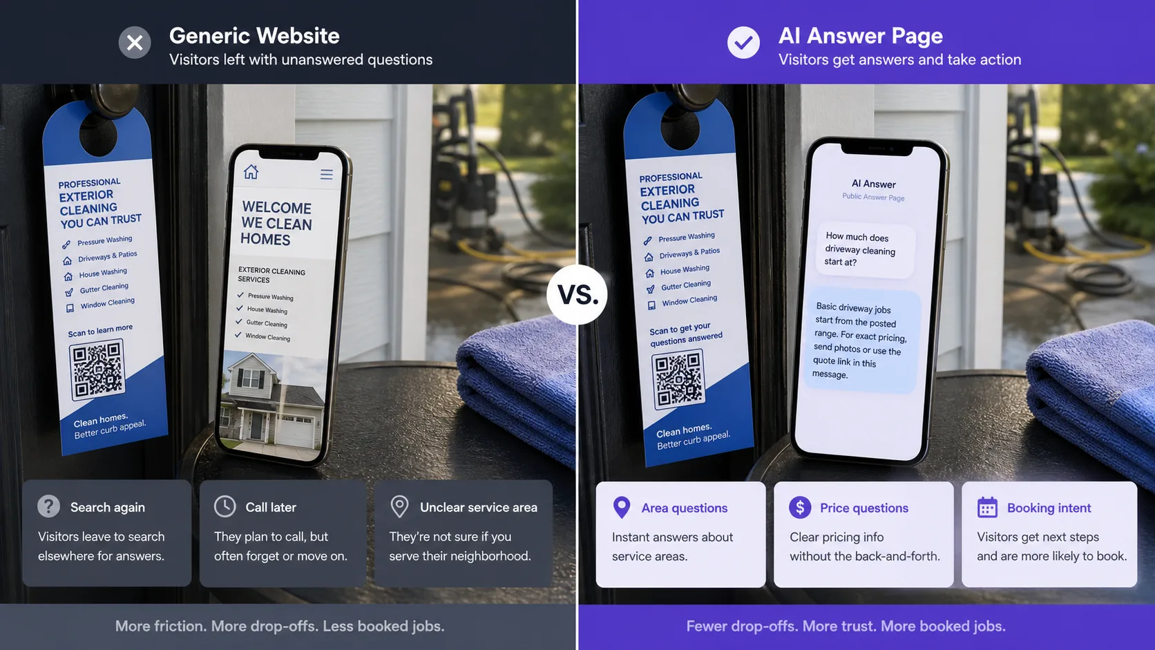 การเปรียบเทียบที่แสดงใบปลิวบริการเกี่ยวกับบ้านทั่วไปกับหน้าคำตอบ AI สำหรับคำถามของลูกค้า
