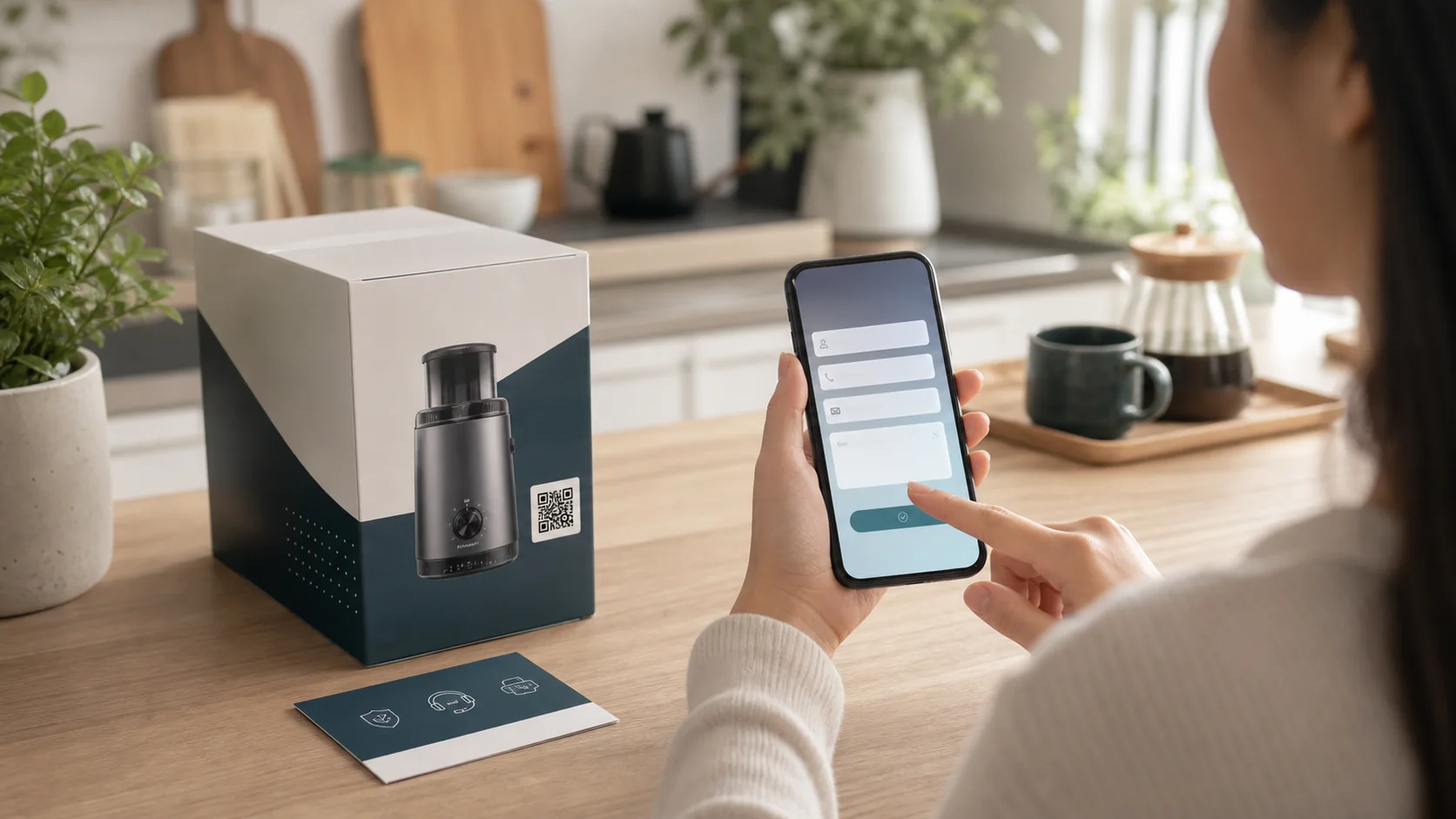 customer scanning QR code on product packaging and filling an inquiry form on a phone