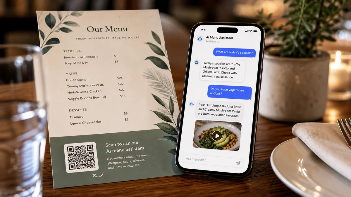 เมนูร้านอาหาร รหัส QR ข้างโทรศัพท์ที่แสดงเมนู เวลาทำการ การจอง และคำถามพิเศษ