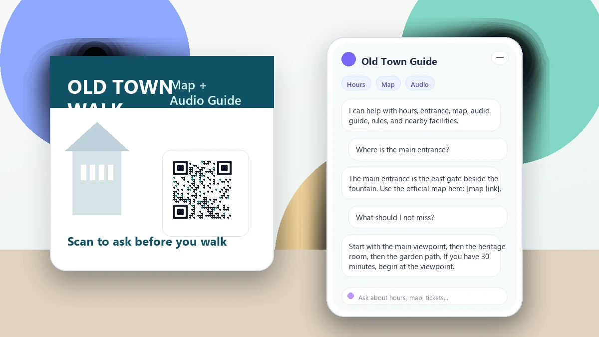 una brochure sulle attrazioni turistiche con un codice QR accanto a un telefono che mostra domande su ingresso, mappa e guida per i visitatori